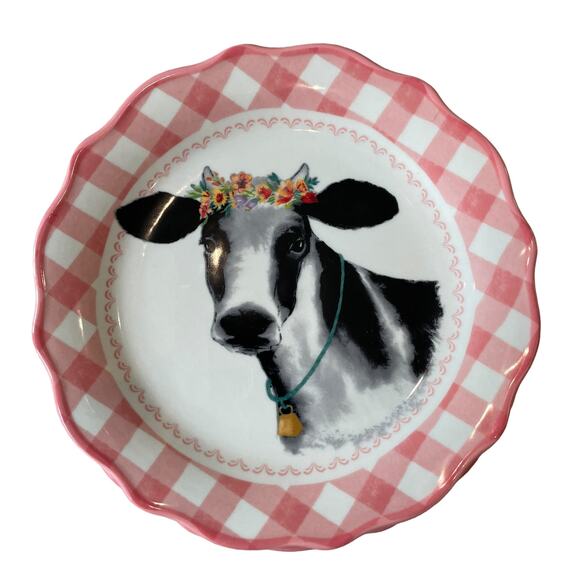 PIONEER WOMAN Pink Gingham COW 7in Appetizer Plate Set of 4 Stoneware NEW - Picture 1 of 8